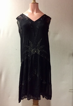Black Crepe Evening Dress with Sliver Thread & Glass Beads