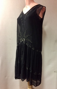 Black Crepe Evening Dress with Sliver Thread & Glass Beads, 1920s