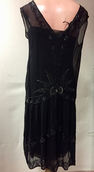 Black Crepe Evening Dress with Sliver Thread & Glass Beads, 1920s