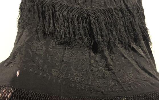 Black Silk Embroidered and Fringed Shawl