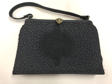 Black silk handbag with cornelli work embroidery