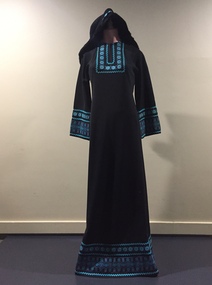 Black Jersey Caftan with Turquoise Braiding and Matching Hood