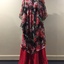 Red Crepe Full Length Dress with Two Patterned Chiffon Overlap