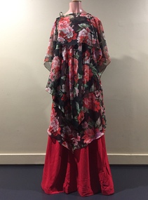 Red Crepe Full Length Dress with Two Patterned Chiffon Overlap