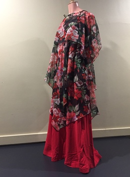 Red Crepe Full Length Dress with Two Patterned Chiffon Overlap