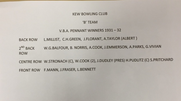 Kew Bowling Club VBA Pennant Winners, “B Team” 1931-2
