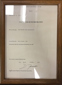 Kew Bowling Club Certificate of Incorporation, 1986