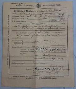 Photograph - Document, Australian Imperial Expeditionary Force, Certificate of Discharge, Private Christopher Robinson, V12637, 1919