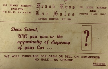 Document - Promotional Material, Frank Ross Car Sales, 232 High Street, Kew
