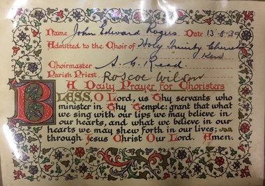 Certificate - Admittance of John Edward Rogers to Holy Trinity Choir, Holy Trinity Church Choir, 1939