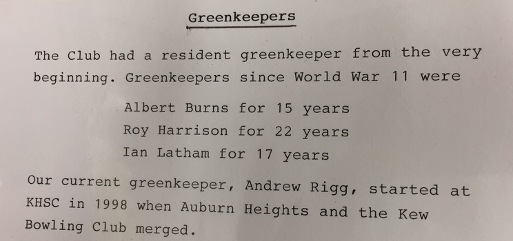 Greenkeeping, at Kew Heights Sports Club