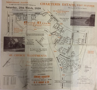 Fold-out subdivision plan of the Charteris Estate, East Ivanhoe, 1939