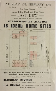 Subdivision by Auction: 16 Ideal Home Sites, East Kew, 1940