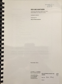 Kew and Hawthorn: Further heritage investigations - Assessment of specific sites / [by] Lovell Chen