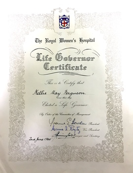The Royal Women's Hospital Life Governor Certificate : Nellie May Ferguson, 1960