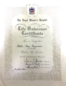The Royal Women's Hospital Life Governor Certificate : Nellie May Ferguson, 1960