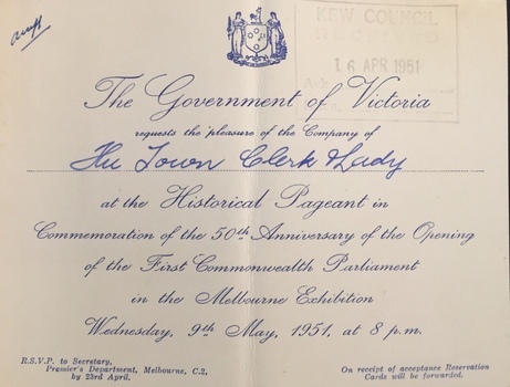 Historical Pageant in Commemoration of the 50th Anniversary of the Opening of the First Commonwealth Parliament in the Melbourne Exhibition