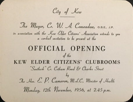 Official Opening of the Kew Elder Citizens' Clubrooms, Southesk, 1956