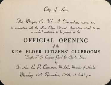 Official Opening of the Kew Elder Citizens' Clubrooms, Southesk, 1956