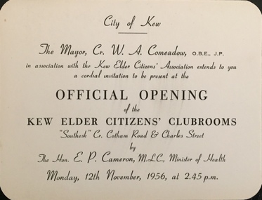 Official Opening of the Kew Elder Citizens' Clubrooms, Southesk, 1956