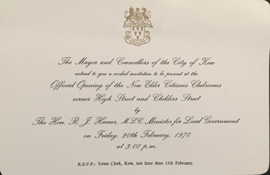 Official Opening of the New Kew Elder Citizens' Clubrooms