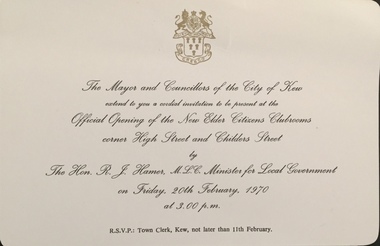 Official Opening of the New Kew Elder Citizens' Clubrooms