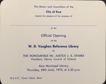 Official Opening of the W D Vaughan Reference Library