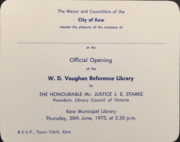 Official Opening of the W D Vaughan Reference Library