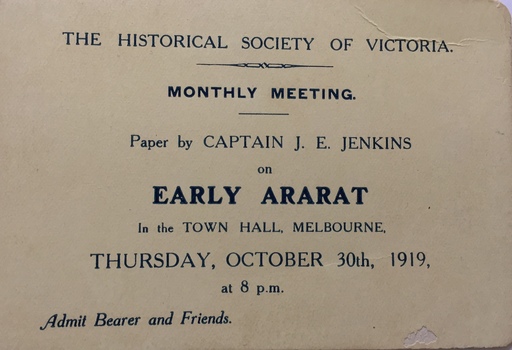 Public Lecture: Early Ararat by Captain JE Jenkins