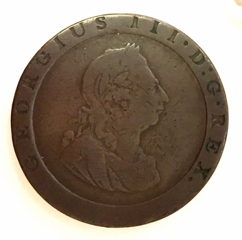 Lock of hair of Thomas Henty  (1775-1839) in a hollowed Cartwheel Penny