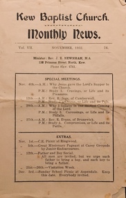 Document: Kew Baptist Church Monthly News Vol VII November 1932, No. 76