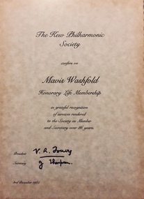 Certificate: Honorary Life Membership : Mavis Washfold
