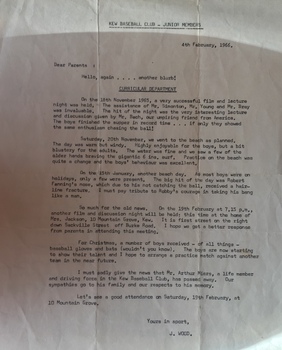 Letter: Junior Members, Kew Baseball Club