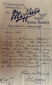 Letter: Moffats, Grocers & Provision Merchants