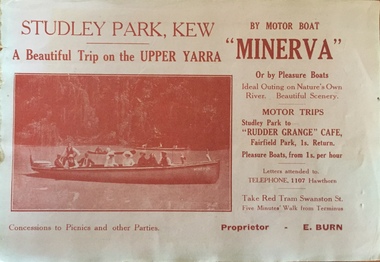 Flyer: A beautiful trip on the Upper Yarra on the motor boat 'Minerva'