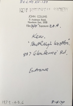 Verso: 'Butleigh Wooton', 867 Glenferrie Road