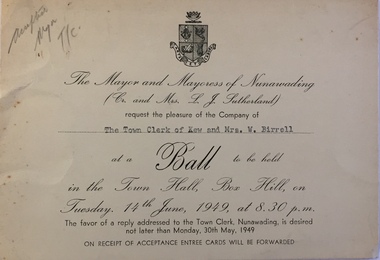 Invitation from the City of Nunawading to a Ball at the Box Hill Town Hall