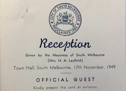 Entrée Card to a Reception given by the Mayoress of South Melbourne
