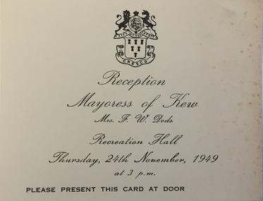 Entrée Card to a Reception given by the Mayoress of Kew
