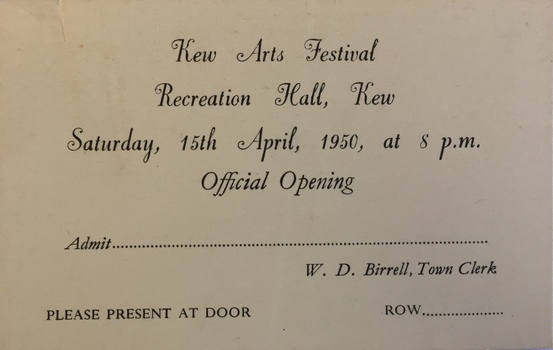 Entrée Card to the Kew Arts Festival
