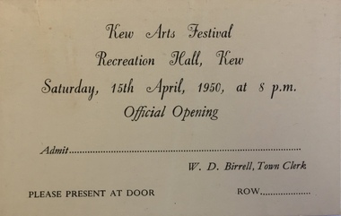 Entrée Card to the Kew Arts Festival