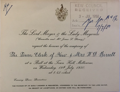Invitation to a Ball held by the City of Melbourne