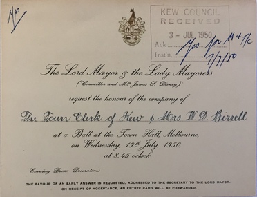 Invitation to a Ball held by the City of Melbourne