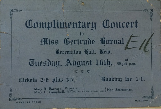 Ticket for a Complimentary Concert for Miss Gertrude Hornal