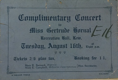 Ticket for a Complimentary Concert for Miss Gertrude Hornal