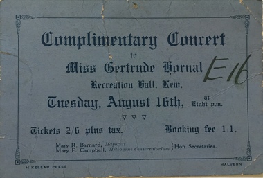 Ticket for a Complimentary Concert for Miss Gertrude Hornal