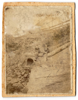 Wal Ives & Bert [Watson] at the outlet of the Kew Main Drain