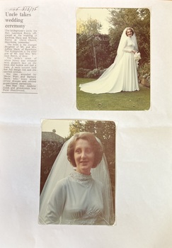 2 x original photos of Kathryn Marx wearing her wedding outfit, plus newspaper article