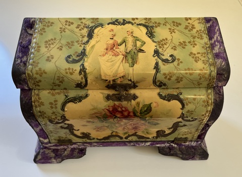 Upright, embossed celluloid, silk lined vanity dresser box