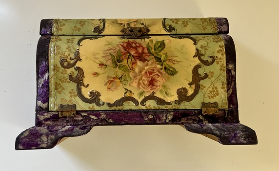 Upright, embossed celluloid, silk lined vanity dresser box